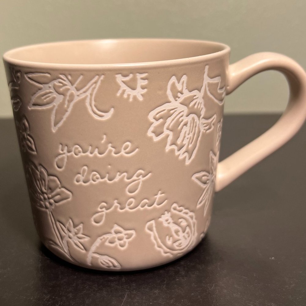 THRESHOLD “You’re Doing Great” Beige w/ Incised White Flowers Stoneware Mug - Picture 3 of 7
